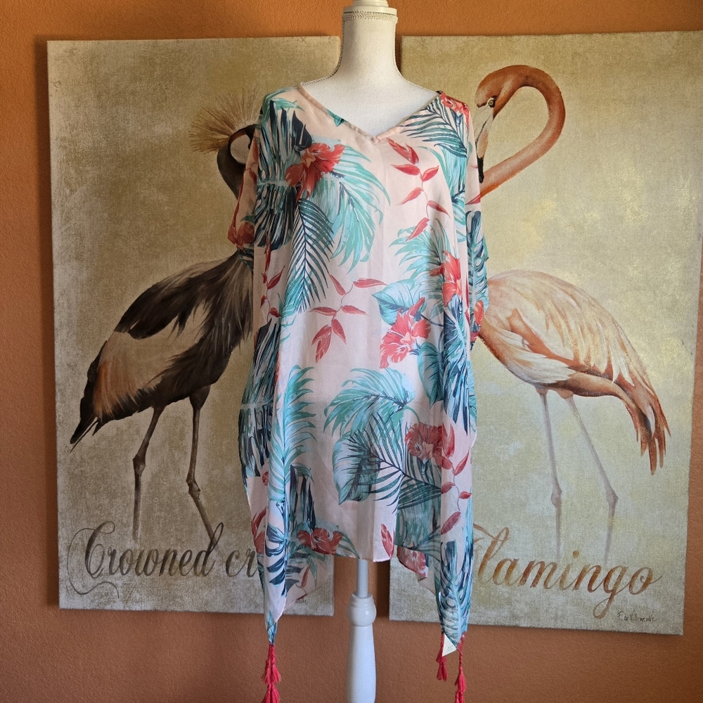 3/$25 NWT Moss Rose Swim Cover Up Tropical Floral One Size Fringe Pink Green